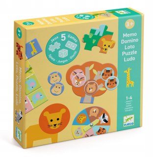 Zestaw 5 gier DŻUNGLA Memory Lotto Domino Puzzle Chińczyk Djeco 3+